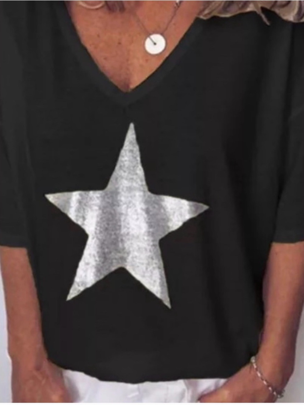 Black Short Sleeve V-Neck Tee with Silver Star